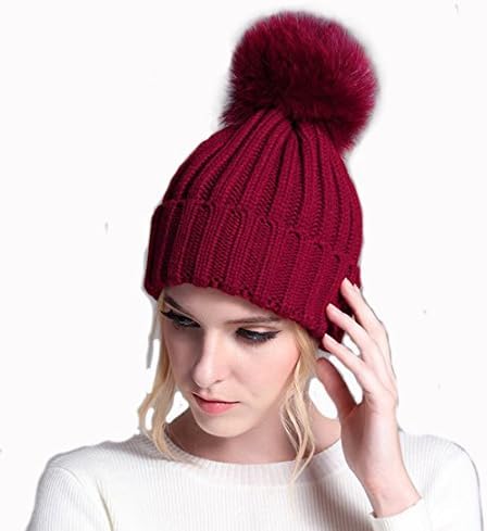 Valpeak Womens Winter Fur hats Real Large Detachable Fox Fur Pom Pom Beanie Hat (Wine Red)