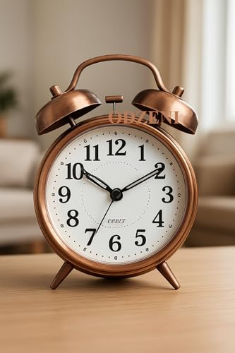 Image of Classic Twin Bell Analog Alarm Clock - Retro Metal Table Clock with Night Light & Loud Ringer - Ideal for Bedroom, Office, or Study (Copper)