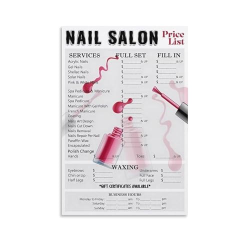 Nail Salon Price List Poster Menu Board Canvas Wall Art for Reception Waiting Area Decor(Unframed,12x18inch(30x45cm))