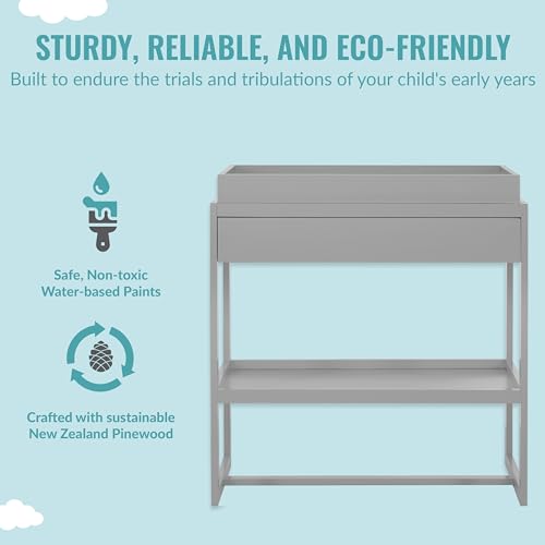 Image of Dream On Me Arlo Changing Table with Pad & Safety Strap - Pebble Grey | Solid New Zealand Pinewood, Non-Toxic Finish, Spacious Fixed Storage Shelf for Diapers, Water-Resistant 1 inch Pad