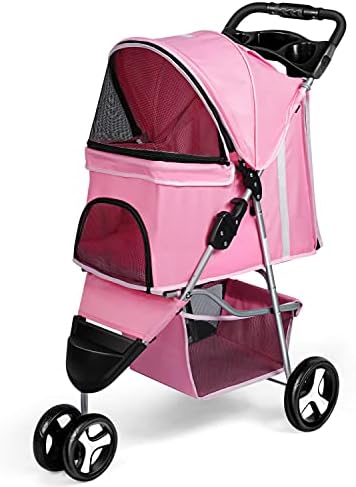 Wedyvko Pet Stroller, 3 Wheel Foldable Cat Dog Stroller with Storage Basket and Cup Holder for Small and Medium Cats, Dogs, Puppy (Pink)
