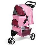 Wedyvko Pet Stroller, 3 Wheel Foldable Cat Dog Stroller with Storage Basket and Cup Holder for Small