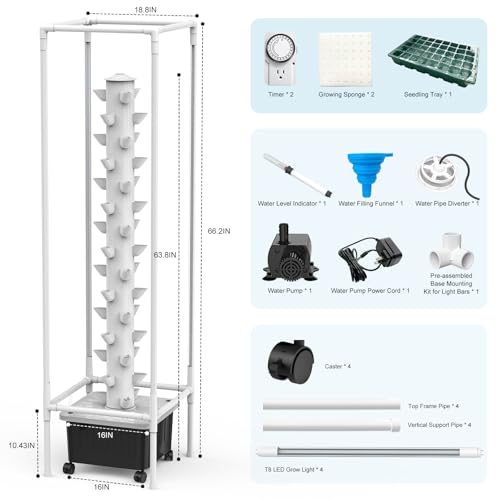 JESLED Hydroponic Tower with 5000K Full-Spectrum Grow Lights, 45 Pods Vertical 15 Tiers Hydroponic Tower, Auto Watering & Lighting for Indoor Herbs, Fruits and Vegetables, High 66.2" — view 6