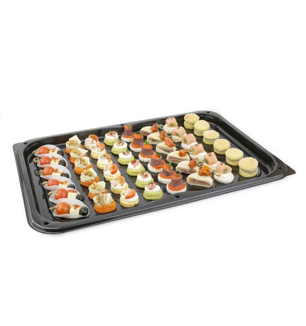 25 Bandejas de Plástico, 55x37cm, Color Negro, Bandejas Reutilizables, con Tapa, Platos para Aperitivos, Catering o Eventos, Restaurante y Hostelería