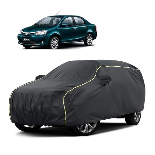 Image of Sulfar 100% Water Resistant Car Body Cover Compatible with Mirror for Toyota Etios (Triple Stitched, Full Bottom Elastic, Dark Grey Taffeta with Yellow Piping)