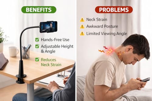 Image of Gooseneck Mobile Phone Holder with Table Clamp Mount Setup, Flexible Adjustable Phone Stand for Desk & Bedside Use, Hands-Free Viewing for Video Calls, Online Classes & Reading