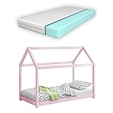 Farbe: Rosa, matt lackiert [en.casa] Kinderbett mit Matratze 80x160cm Holz Haus Design Kiefernholz Bett Holzbett Hausbett Kaltschaummatratze Öko-Tex Standard 100 Allergikergeeignet Atmungsaktiv Rosa