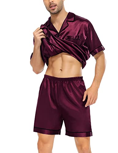 Swomog Men Satin Pajamas Sets Short Sleeve Button-Down Sleepwear Two-Piece Pjs Sets Loungewear With Pockets #TOP1