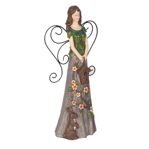 Alpine Corporation WQA1552 Floral Woodland Angel Holding Birdhouse Statue, Sentimental Decor for Garden & Patio, 12" H