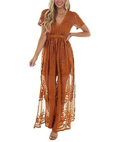 Image of LRISES Womens V Neck Floral Embroidered Lace Wedding Maxi Dress Boho Short Sleeve Slit Bridesmaid Evening Party Dresses