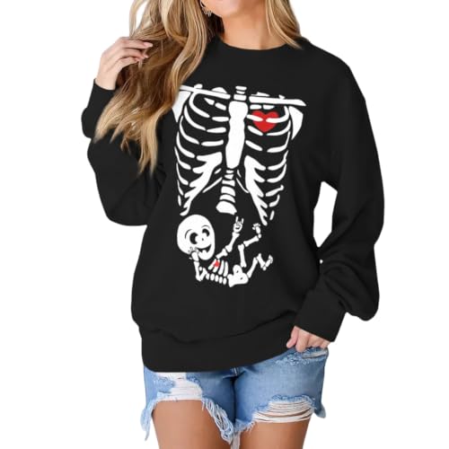 Image of AG AGUU Women X-Ray Skeleton Sweatshirt Halloween Maternity Sweatshirts Crewneck Pullover Pregnancy Announcement Shirts Tops, Black-1, XL