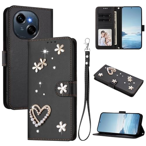 Jiajihua Case Compatible with Tecno Spark Go 1 / 1S / Spark Go 2025,Compatible with Tecno Pop 9 4G Lanyard【Card Holder Wallet Flip Cover Magnetic Buckle Kickstand】 Black