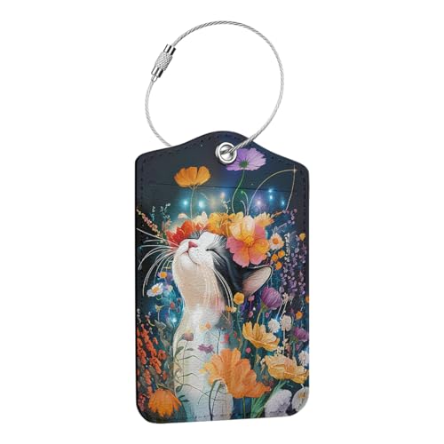 Floral Cat Luggage Tags for Suitcases, Leather Suitcase Tags for Cruise Airport Travel Accessories, Privacy Cover ID Label Whit Stainless Steel Loop and Address Card, Luggage Tag Gift for Women Men