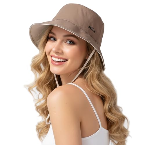 Gossifan Bucket Hats for Women Packable Summer Beach Sun Hats Double-Sided Fisherman Hat with Strings for Travel-Khaki