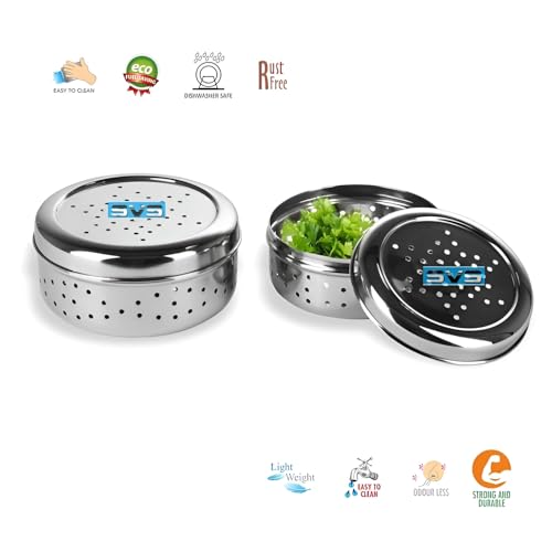 Image of Stainless Steel Green Coriander Storage Box Curry Leaves Box Set, Sprouts with air Ventilation Food containers Silver Dabba Flat Box Steel Dabba (Dhaniya 400 & 600 ML)
