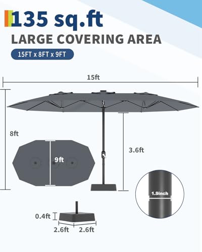 Large Patio Umbrella with Base Included, Double-Sided Rectangle Market Umbrella with Cross Base and Sandbag for Pool Lawn Garden (Grey, 15FT)