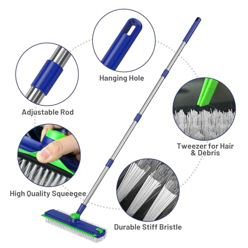 Image of 3 in 1 Floor Scrub Brush with Long Handle & Squeegee | Heavy-Duty, Adjustable, 360 Rotating Head for Cleaning Tile Bathroom Deck Kitchen Patio, Blue