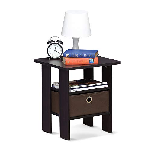 Image of Furinno Andrey Set of 2 End Table / Side Table / Night Stand / Bedside Table with Bin Drawer, Dark Walnut | Open Shelf and Storage Bin, Modern Night Stand, Bedside Table, for Living Room, Bedroom