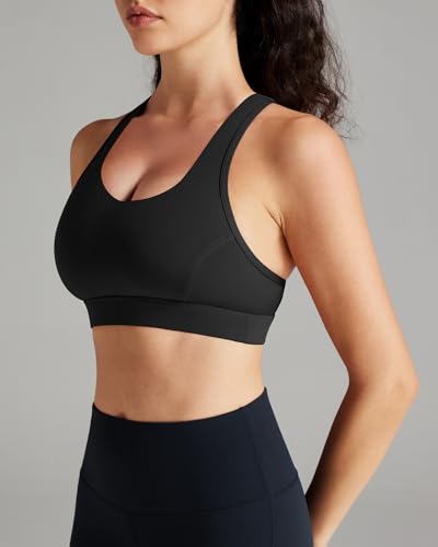 QUEENIEKE BareFlow Sports Bras for Women V-Neck Medium Support Raceback Phone Pocket Bra Removable Cups Yoga Workout Tank Top (Black, Large)