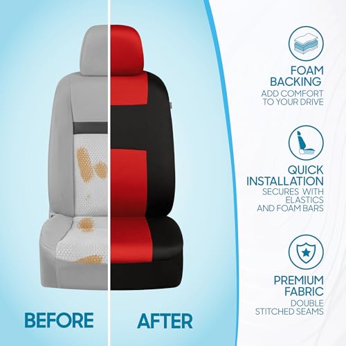 Image of BDK PolyPro Black Car Seat Covers with Red Accents, Full Set, Front and Rear Bench Seat Protectors, Full Coverage for Car Truck Van and SUV
