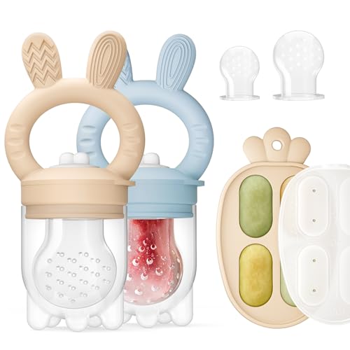 Image of 2 Packs Baby Fruit Feeder & Freezer Tray Combo, Push Pop Baby Food Feeder to Safely Introduce New Foods, Fresh & Frozen Food Silicone Feeder, 100% Food Grade, BPA Free