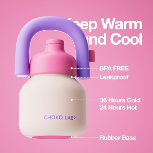CHAKO LAB Botella de Agua Aislada 33oz con Pajilla y Asa, Forro Cerámico al Vacío para Café y Té, Termo Reutilizable a Prueba de Fugas, Conserva Frío 36h, Rosa y Púrpura miniatura 3