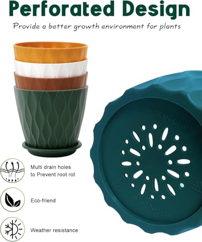 KAHEIGN 5 Pièces Pots de Fleurs en Plastique, 15CM Jardinière Anti-Racines Épais Pot de Jardin à Motif Ondulé avec Drainage Trou et Soucoupe pour Plantes Fleurs Herbes Succulentes Cactus (5 Couleurs) – Image 3