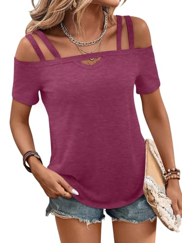 Image of Bliwov Womens Cold Shoulder Tops Short Sleeve Cute Sexy Summer Spring Beach Vacation T Shirts Fashion Outfits Basic Clothes
