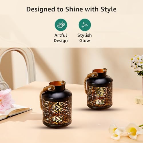 Image of Amazon Brand - Solimo Tea Light Lantern - Round Bottle Design, Black Iron with Gold Interior, Set of 2 (Size: L-10 cm x W-10 cm x H-15 cm)