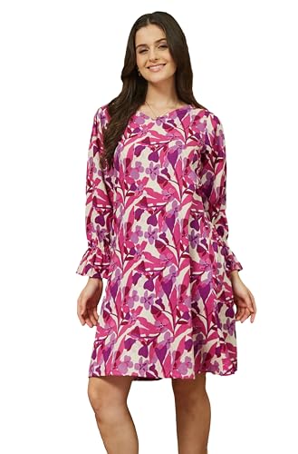 Image of Janasya Women's Purple Linen Cotton Floral Printed A-line Dress