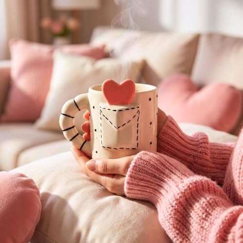 Image of Love Letter Heart Ceramic Coffee Mug for Women, 240ml, Cute Romantic Design Tea Cup, Mugs for Hot and Cold Beveranges, Aesthetic Ceramic Mug for Home, Office & Gift