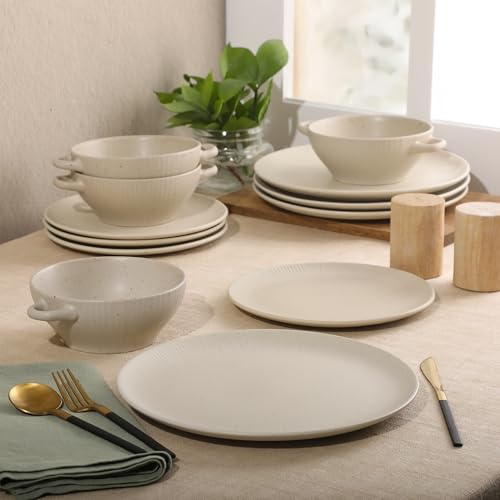 Image of Gibson Elite Clover Hill 12-Piece Stoneware Dinnerware Set - White Cream Embossed Plates and Bowls with Matte Speckled Reactive Glaze, Service for 4 - Microwave & Dishwasher Safe