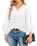 Lotusmile Business Casual White Blouses for Women - Dressy Fall Casual Work Outfits - Trendy V Neck Eyelet Tops - Classy Bell Sleeve Tops