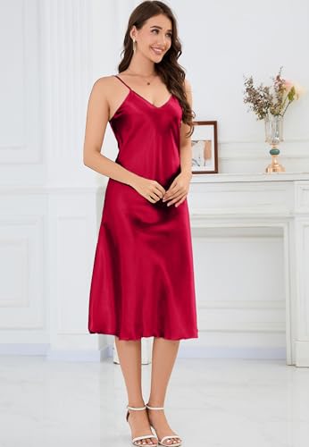 Image of ALCEA ROSEA Women's Midi Satin Slip Dress Adjustable Spaghetti Strap Nightgown Silky Under Dresses