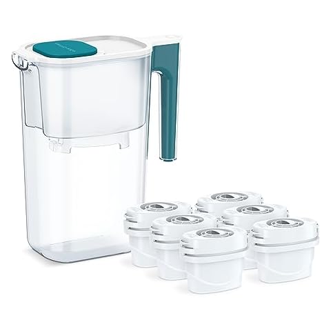 Perfect Pour Small 6 Cup Water Filter Pitcher by Aqua Optima, Reduces Microplastics, Ergonomic, Eliminates Splashes and Spills, BPA Free, NSF Certified, Includes 6 Evolve+ Water Filters, Blue Cover