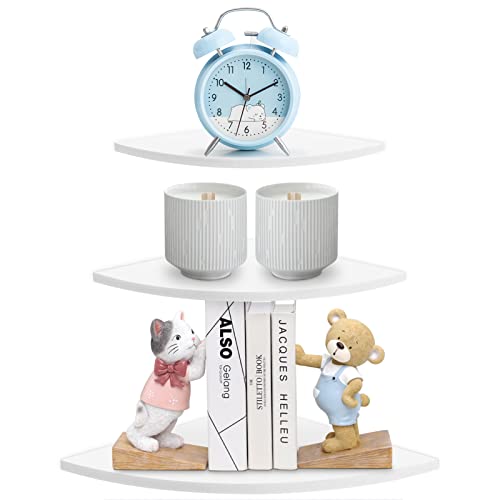 Tissting Estantes Flotantes de Esquina, Juego de 3 Estantes Redondos de PVC Montados en la Pared para Baño Cocina u Oficina Estantería de Esquina Colgante Madera Maciza para Decoración y Organización