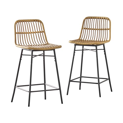 Set de 2 butacos Giles de mimbre sintético y metal con respaldo, marco negro, altura de mostrador, estilo moderno para cocina, isla o exterior miniatura 1