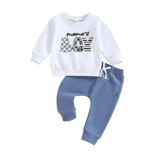 Image of Toddler Baby Boy Clothes Mamas Boy Fall Winter Outfit Long Sleeve Letter Sweatshirt Plaid Jogger Pants Newborn Set