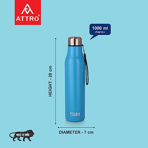 Image of ATTRO Slim Stainless Steel Single Wall 1000ml Water Bottle, Light Weighted Leak -Proof Use for Office, School, Outdoor & Gym - Blue