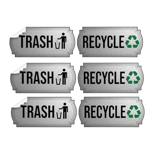 HouseVibe 6 Pegatinas para Basura y Reciclaje, Etiquetas para Contenedores, Señales de Clasificación de Residuos para Uso Doméstico- Color Acero