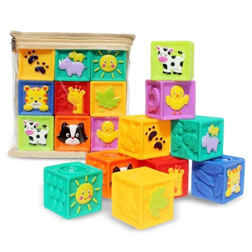 Kingtree Baby Blocks (Set of 9), Squeeze Building Blocks Soft Stacking Baby Toys for 6 Months and up, Colorful Teething Chewing Educational Stacking Blocks Set with Numbers Animals Shapes Textures
