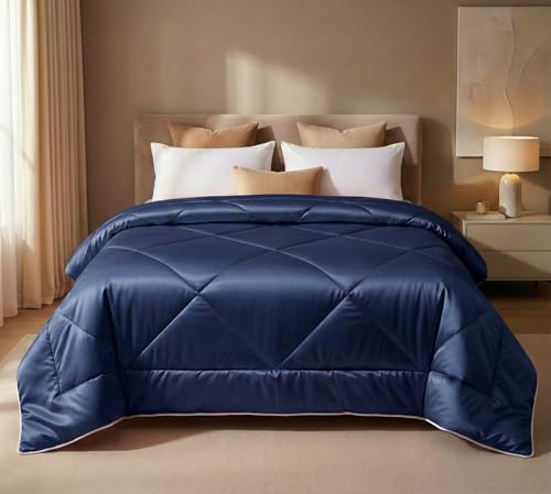 Image of SANMARINO 280 GSM Satin Silk AC Comforter for Single Bed (60 x 90 inches /152 x 228 cm), All Season Solid Reversible Blanket | Ultra Soft Lightweight Breathable Quilt, Glossy Finish - Royal Navy Blue