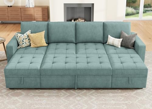 Image of HONBAY Modular Sectional Sleeper Sofa with Pull Out Bed,U Shaped Couch with Storage Seat,Sectional Couches for Living Room,Blue