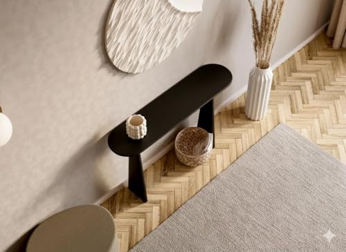 Image of Furniture Modern Solid Wood Console Table with Rounded Edges, Natural Finish, Minimalist Scandinavian Style Entryway Furniture (Style 2, Black, 140x30x80 cm)