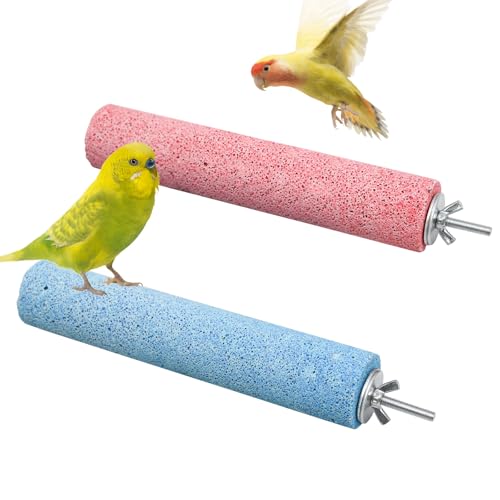 Dual-Textured Bird Perch, 2-Pack – Chewable Mineral Stone & Metal Rod Stand for Small/Medium Birds | Cage Mounted Perches for Beak Grinding, Claw Trimming (Blue & Pink)