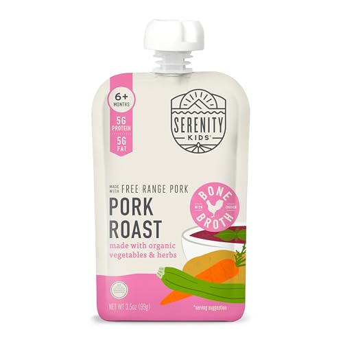 Image of Serenity Kids 6+ Month Pork Baby Food Pouches - Free Range Pork Roast with Bone Broth, Organic Vegetables & Herbs - BPA-Free Food Pouches for Baby - 3.5 Oz, 6 Pack