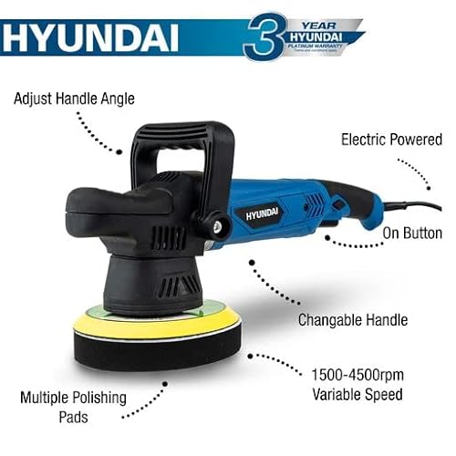 Hyundai 900w Dual Action Polisher Kit - Electric Car Polisher Machine with Variable Speed Control, Corded Buffing Machine for Cars, Vans, Caravans, 4 X 150mm Sponge and Wool Pads