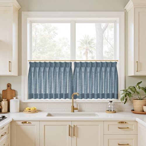 Image of TWOPAGES 42 inch inch W x 36 inch inch L Linen Blend Cafe Curtains for Kitchen Window, Light Filtering Pinch Pleated Tier Curtains, Modern Farmhouse Half Window Curtains for Bathroom, Aegean Blue, 2 Panels
