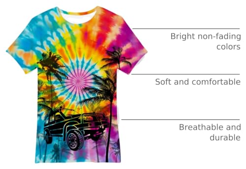 Image of Kids Tie Dye Shirt Size 6-8 Years Old Boys Hawaiian Style T Shirt for 7 Years Children Coconut Tree Car Graphic Tees Short Sleeve Hippie Tshirts