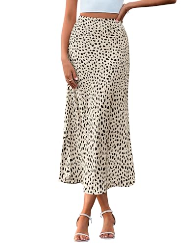 BTFBM Satin Skirts for Women Trendy Spring Summer 2026 High Waisted Leopard Print Cocktail Wedding Long Silk Midi Skirt(Dot Apricot Black, Small)